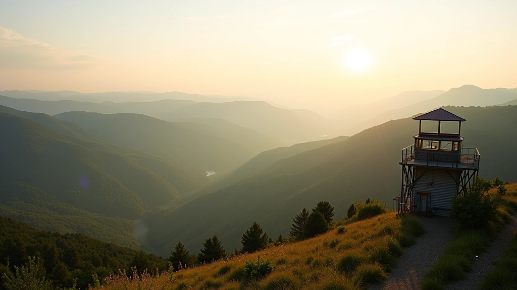 Panoramatický výhled z rozhledny, rozlehlá krajina, zlaté světlo, horská krajina