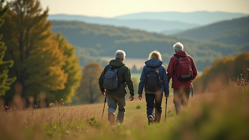 Skupina starších turistů na horské cestě, příprava na túru
