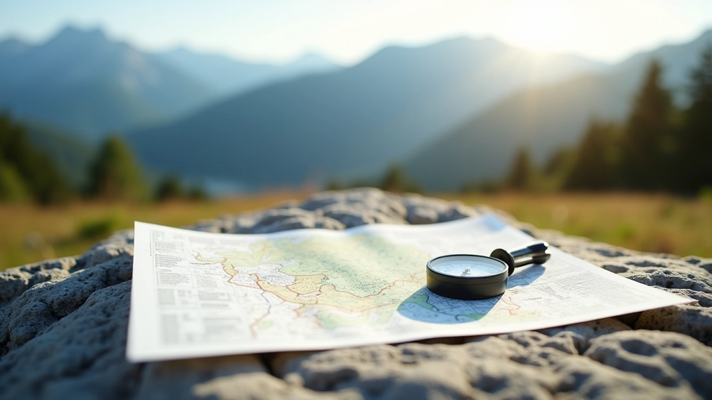 Mapa a kompas na kameni v horách se krásným výhledem na pohoří